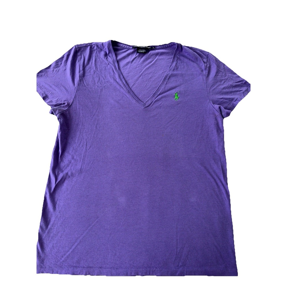 Ralph Lauren Sport Womens Purple Pima Cotton V-Neck Pony Logo T-Shirt Large